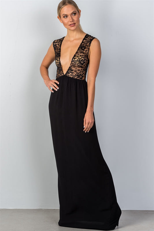 Ladies fashion sleeveless deep v plunge lace sheer top maxi dress