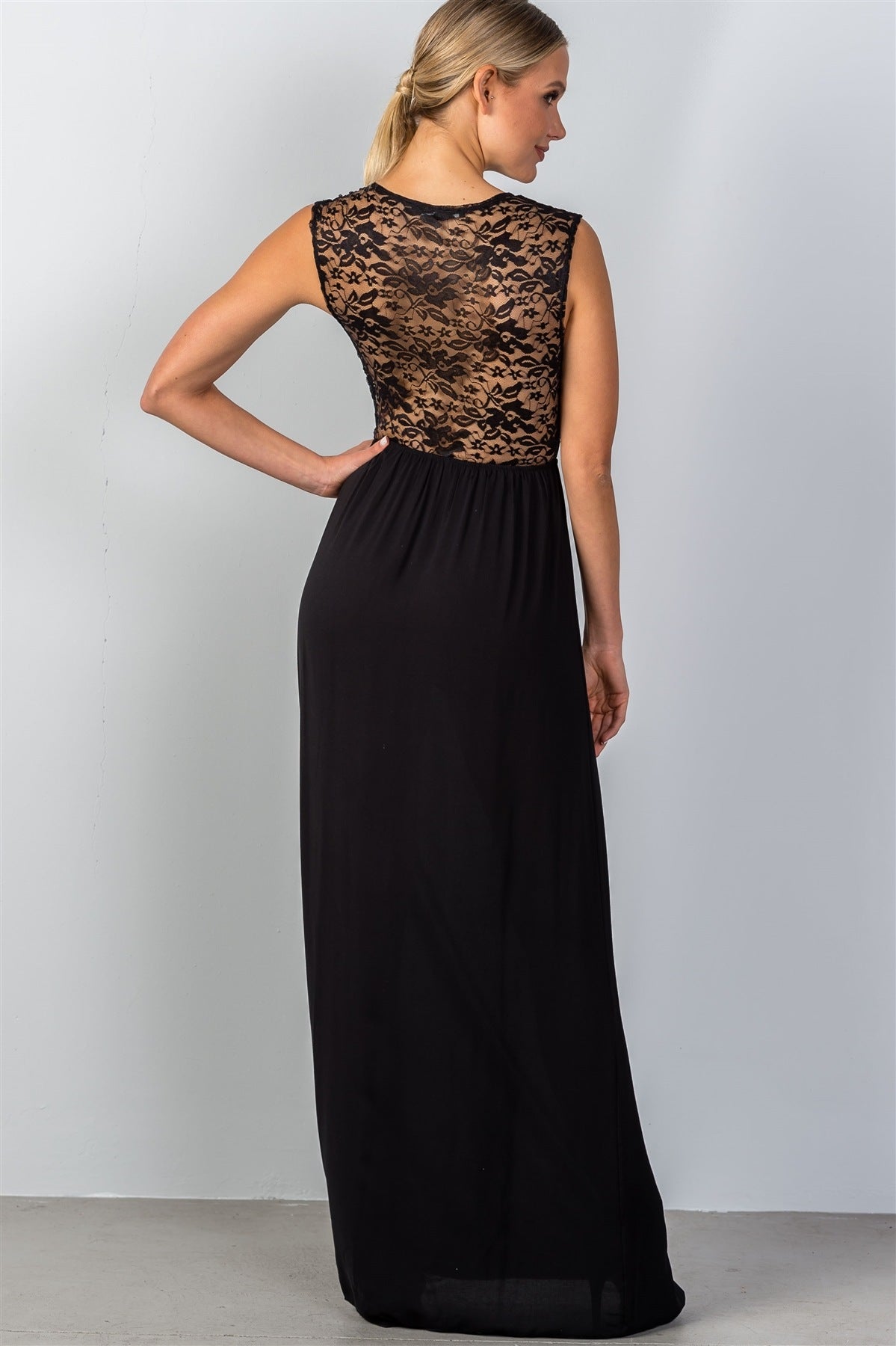 Ladies fashion sleeveless deep v plunge lace sheer top maxi dress
