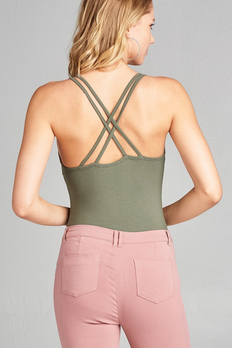Ladies fashion sleeveless v-neck double strap and back cross detail bodysuit