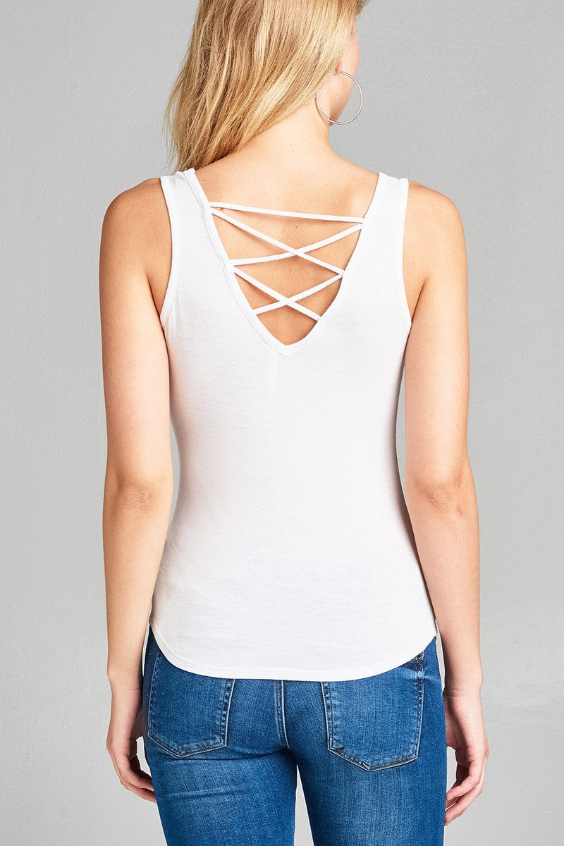 Ladies fashion round neck w/back cross strap detail rayon spandex top