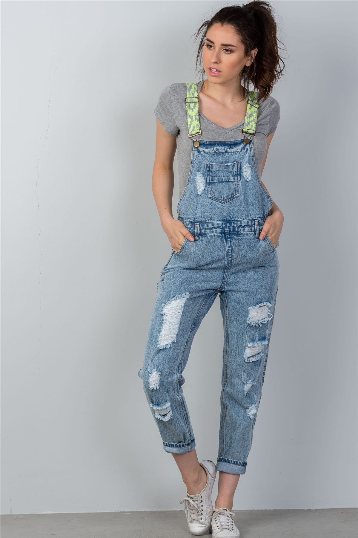Ladies fashion neon green strap denim overalls