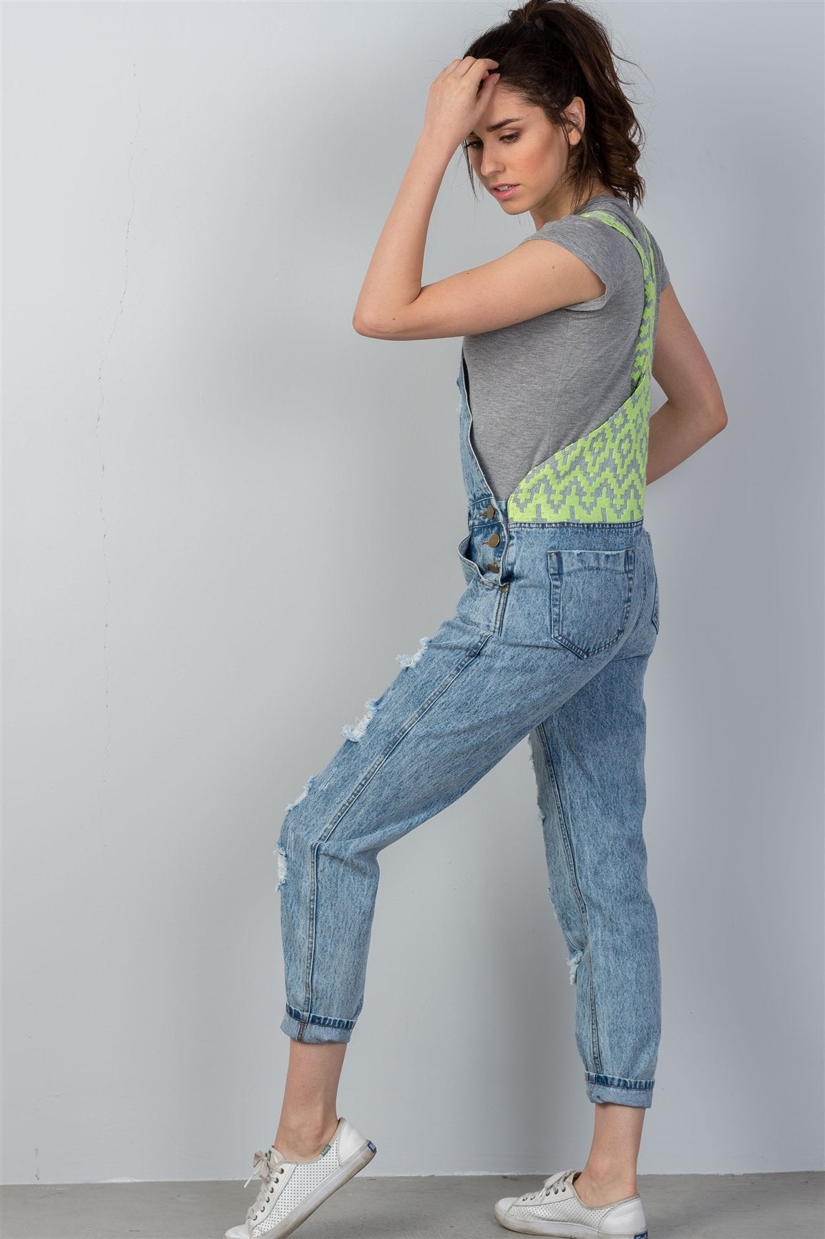 Ladies fashion neon green strap denim overalls