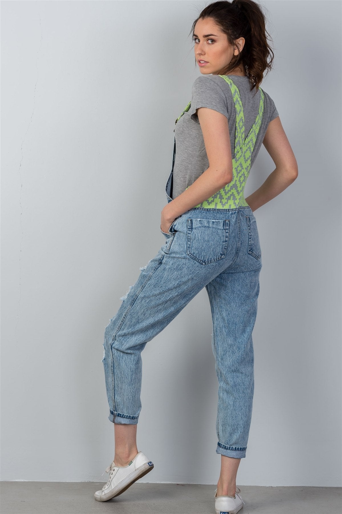 Ladies fashion neon green strap denim overalls