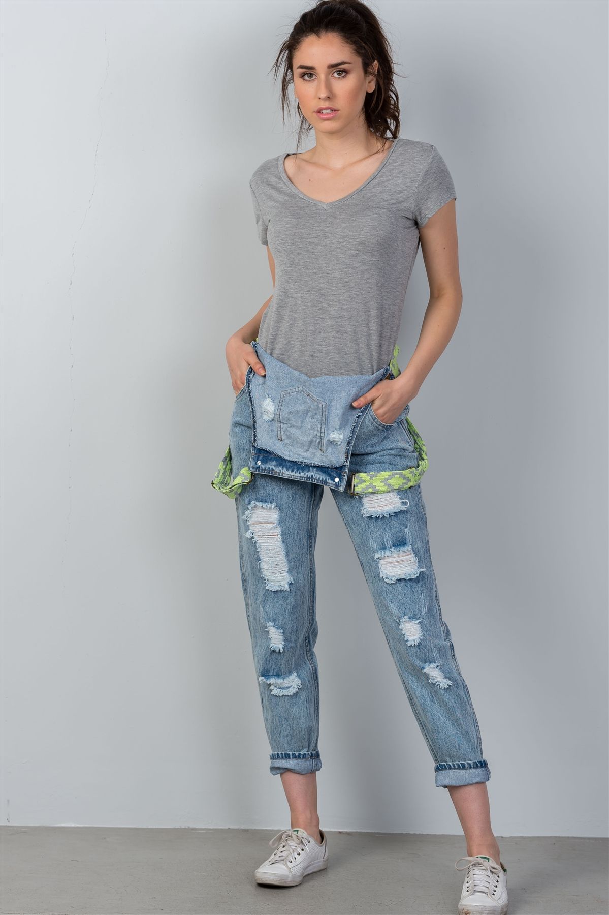 Ladies fashion neon green strap denim overalls