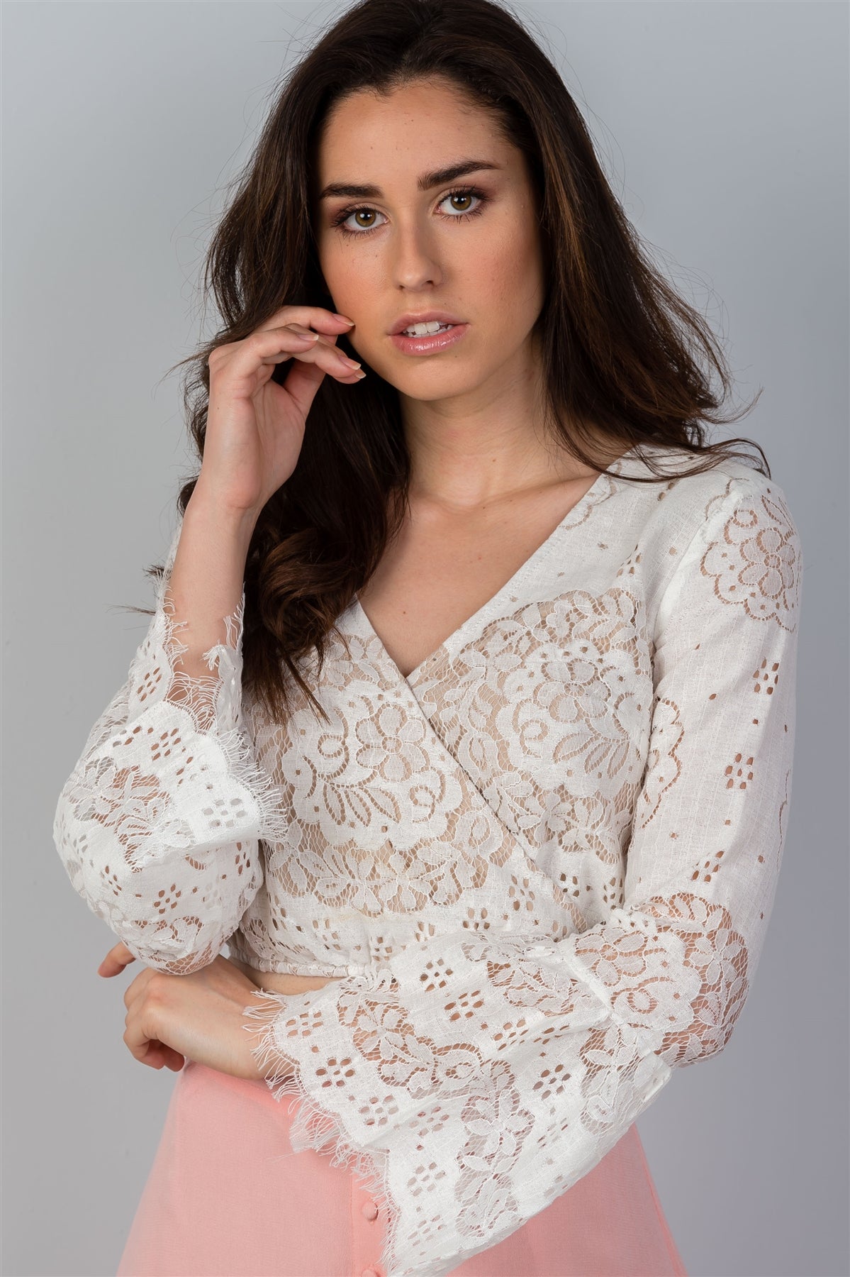 Ladies fashion boho white lace long bell sleeve crop top