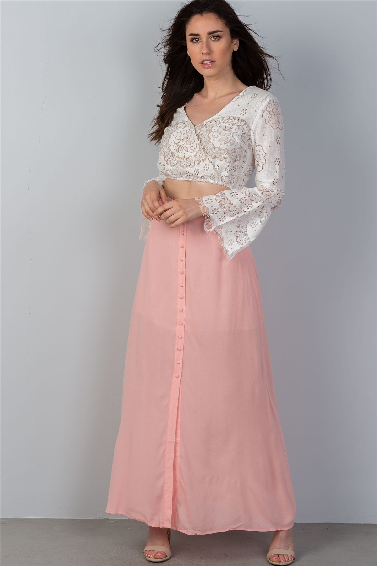 Ladies fashion  maxi length front split front button closure partially lined elastic back detail skirt