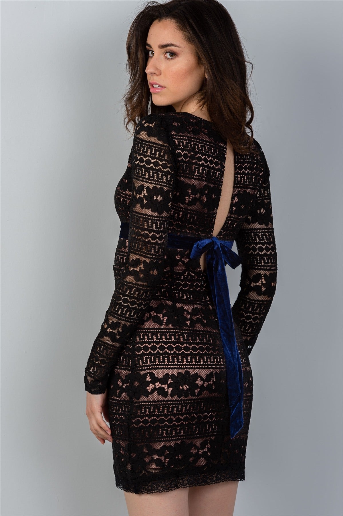 Ladies fashion black & navy velvet back-tie floral lace mini dress