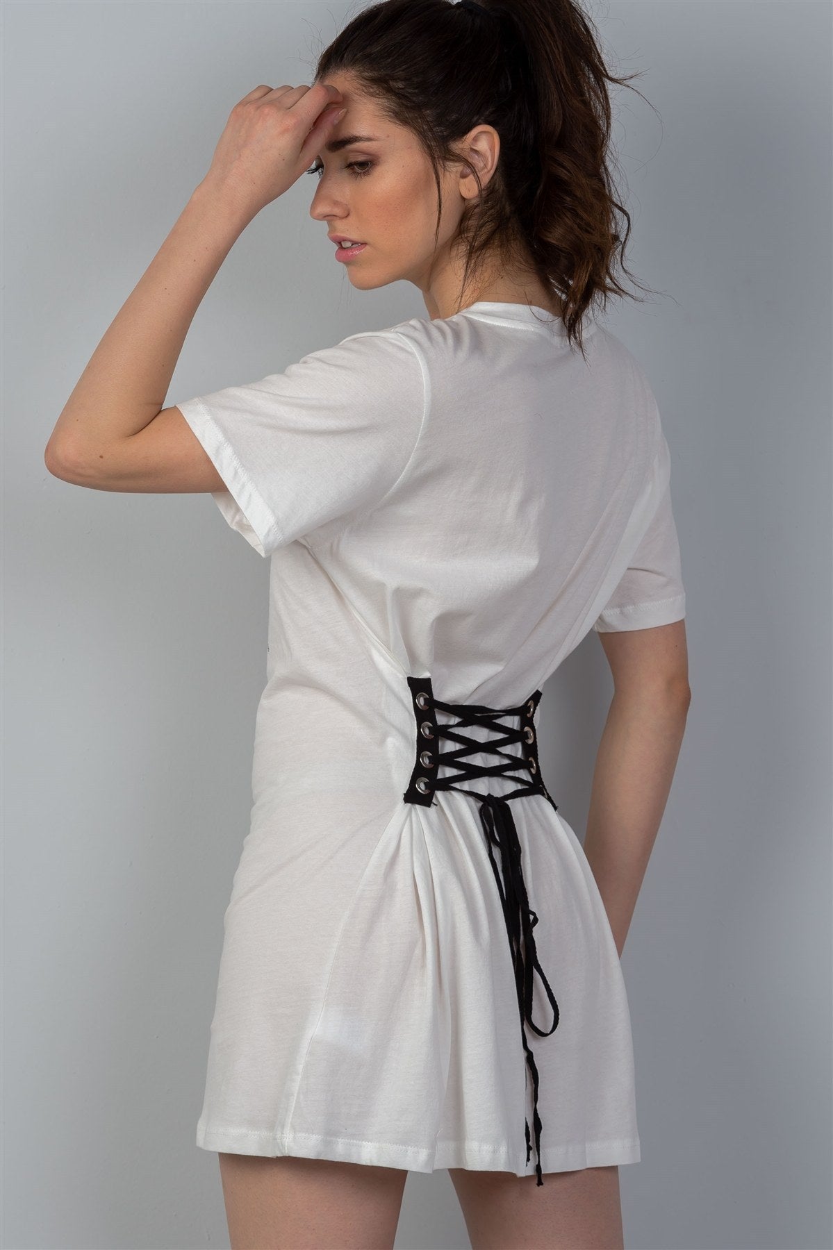 Ladies fashion white & black front graphic print contrast corset back t-shirt dress