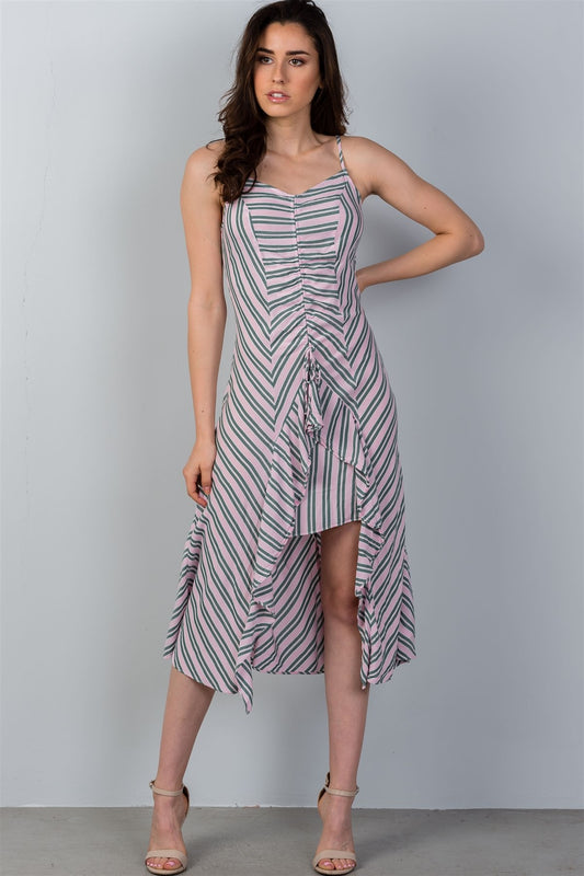Ladies fashion high low design stripes asymmetrical ruched front midi dress