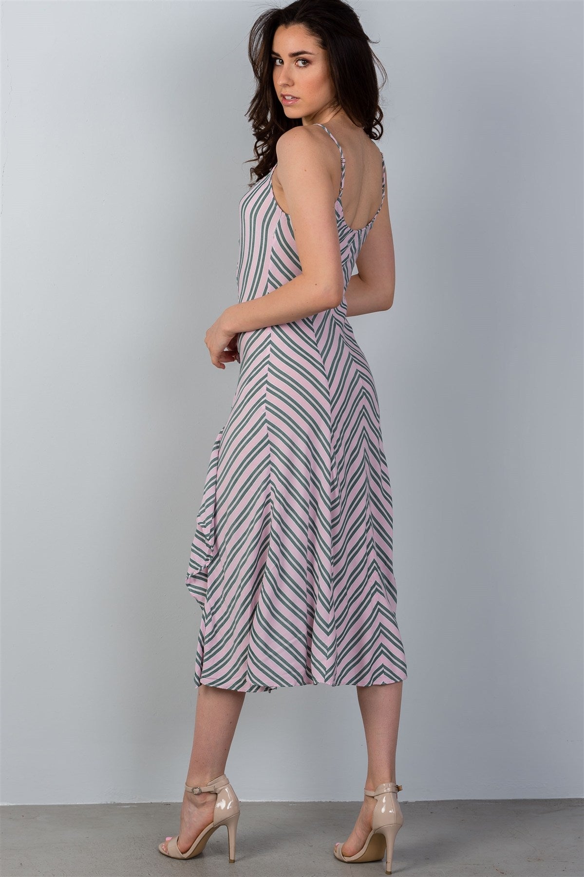 Ladies fashion high low design stripes asymmetrical ruched front midi dress