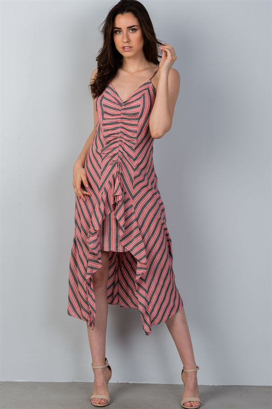 Ladies fashion high low design stripes asymmetrical ruched front midi dress