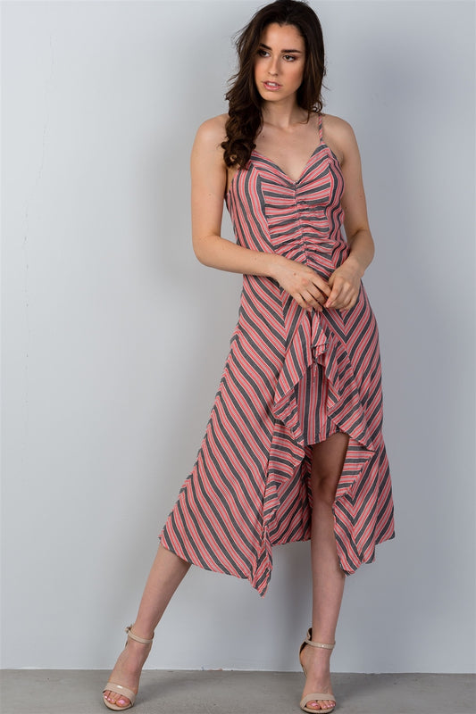 Ladies fashion high low design stripes asymmetrical ruched front midi dress