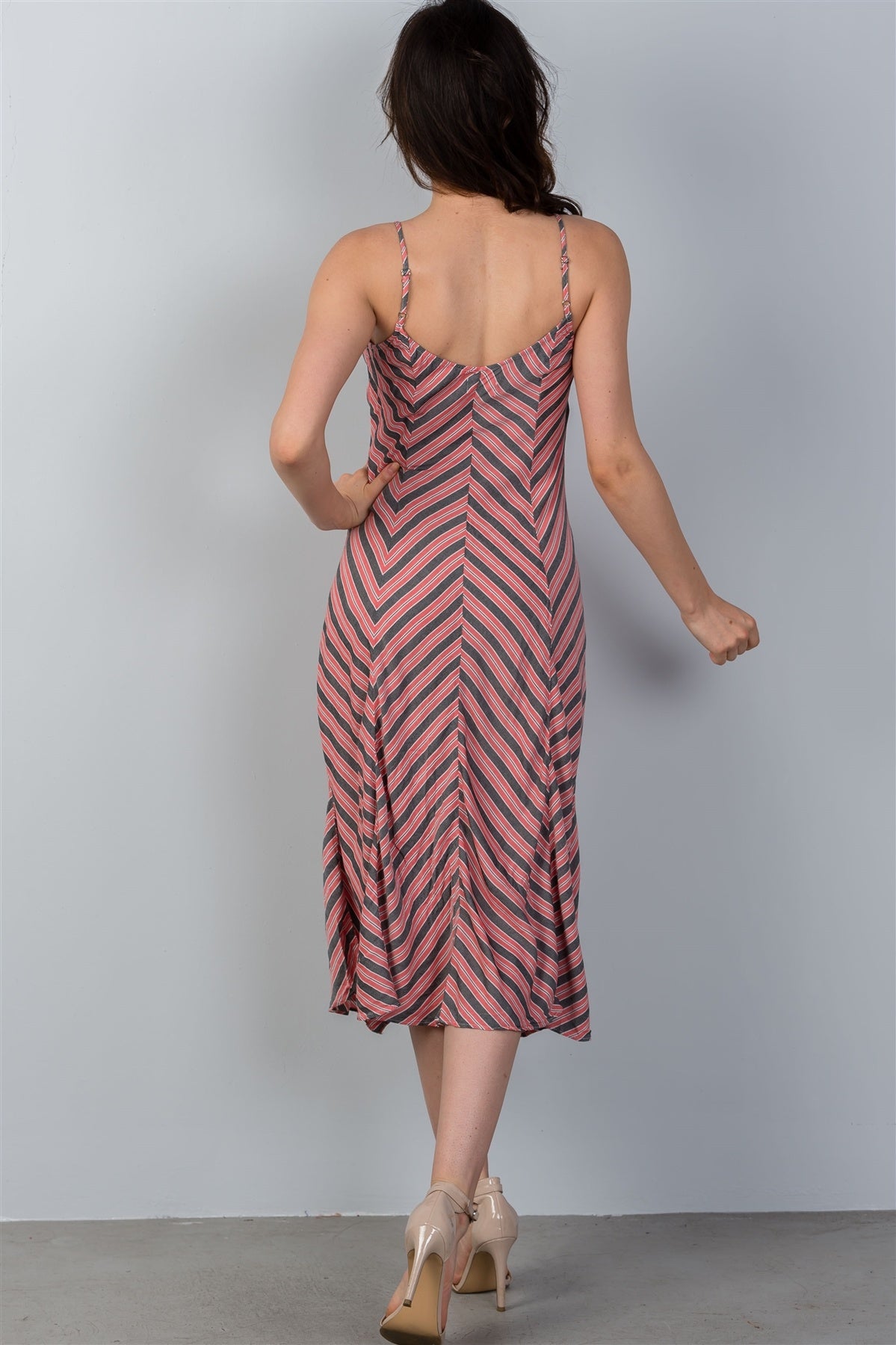 Ladies fashion high low design stripes asymmetrical ruched front midi dress