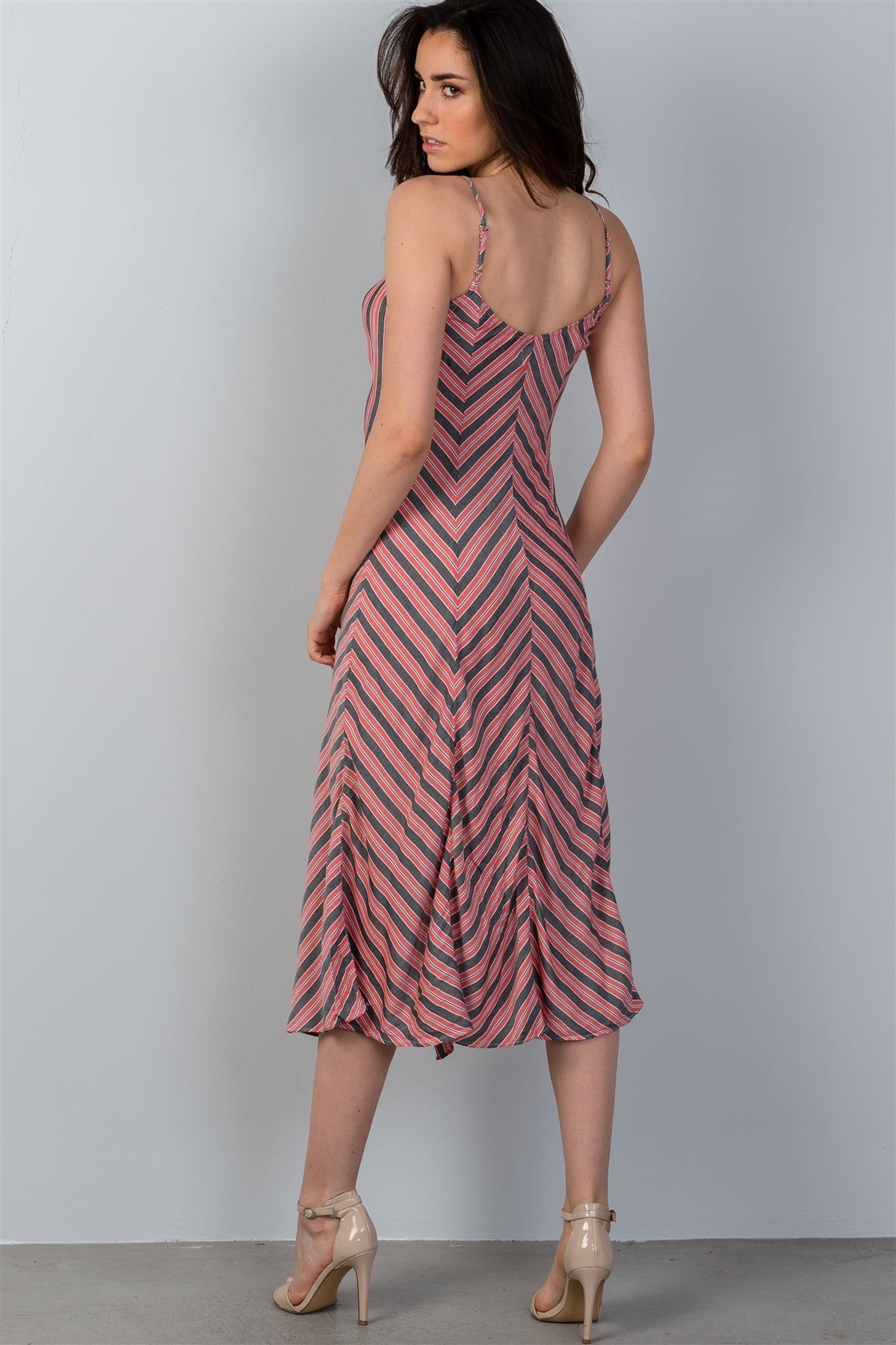 Ladies fashion high low design stripes asymmetrical ruched front midi dress