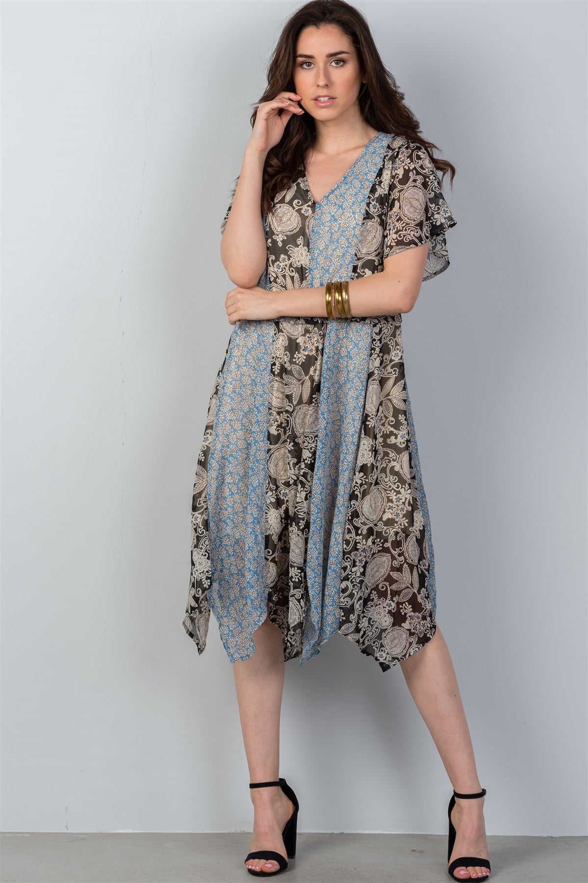 Ladies fashion bohemian mix and match floral print midi dress