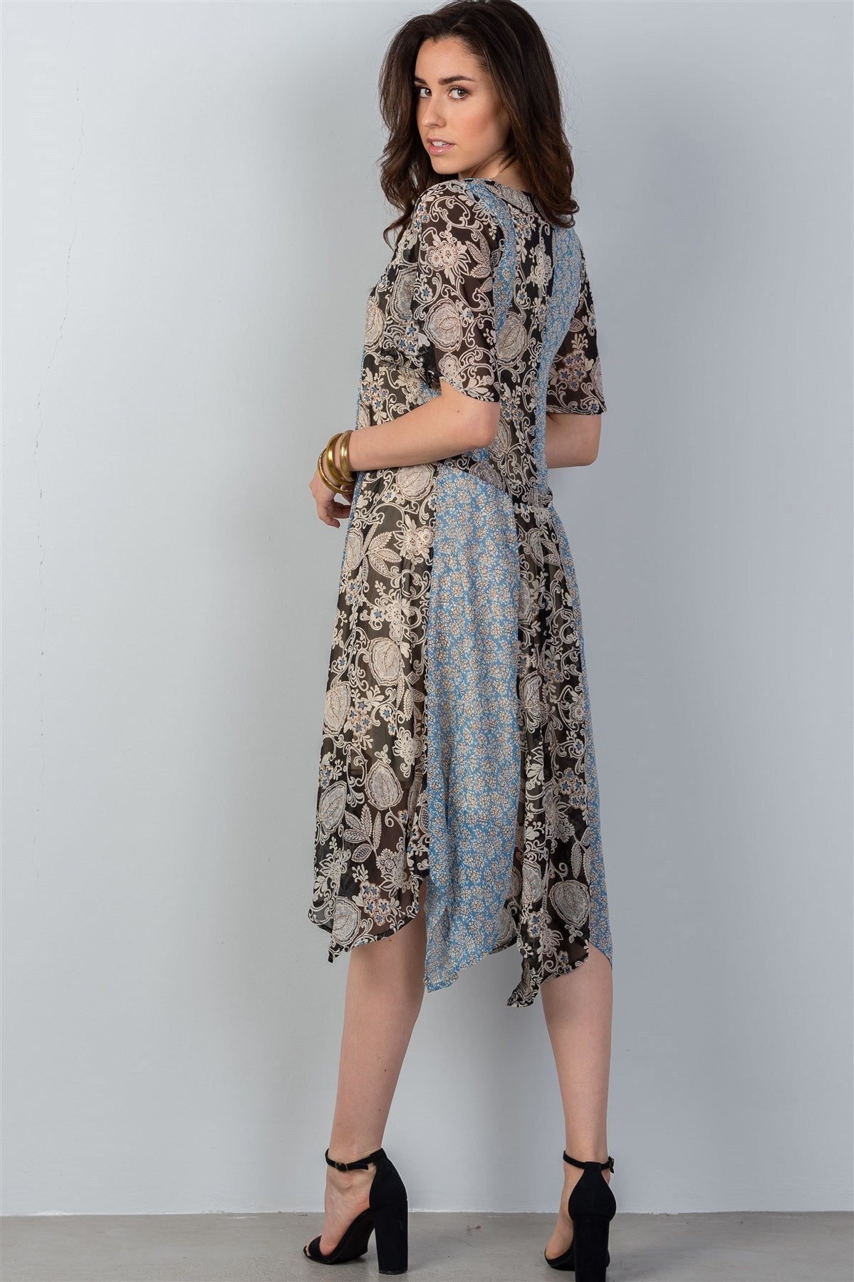 Ladies fashion bohemian mix and match floral print midi dress