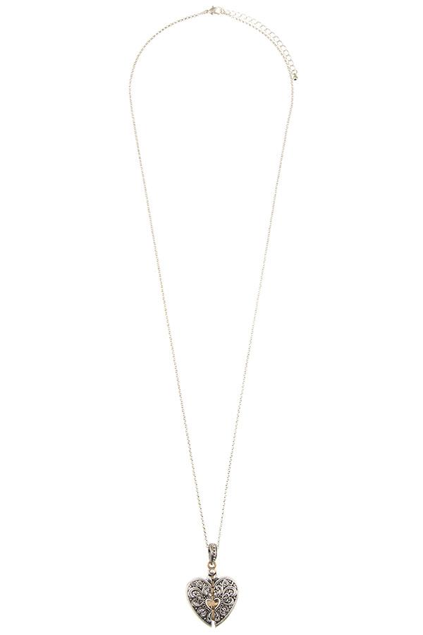 Etched heart pendant long necklace