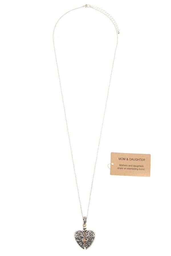 Etched heart pendant long necklace