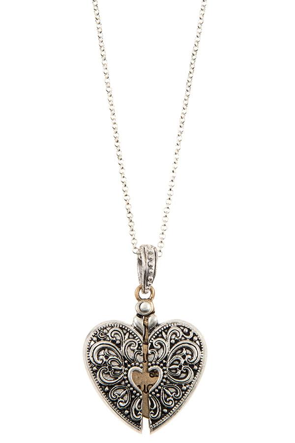 Etched heart pendant long necklace