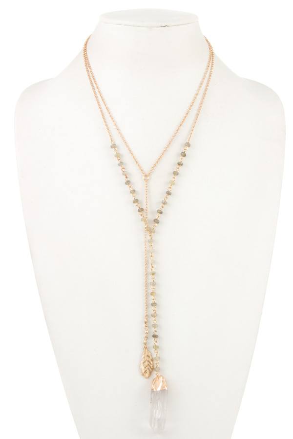 Double chain bead faux gem pendant necklace