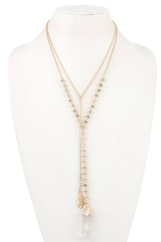 Double chain bead faux gem pendant necklace
