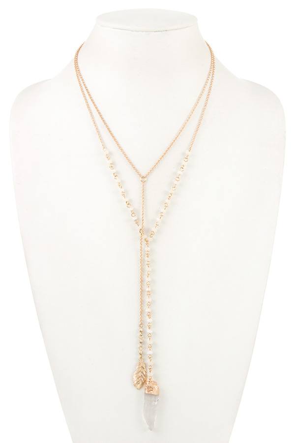 Double chain bead faux gem pendant necklace