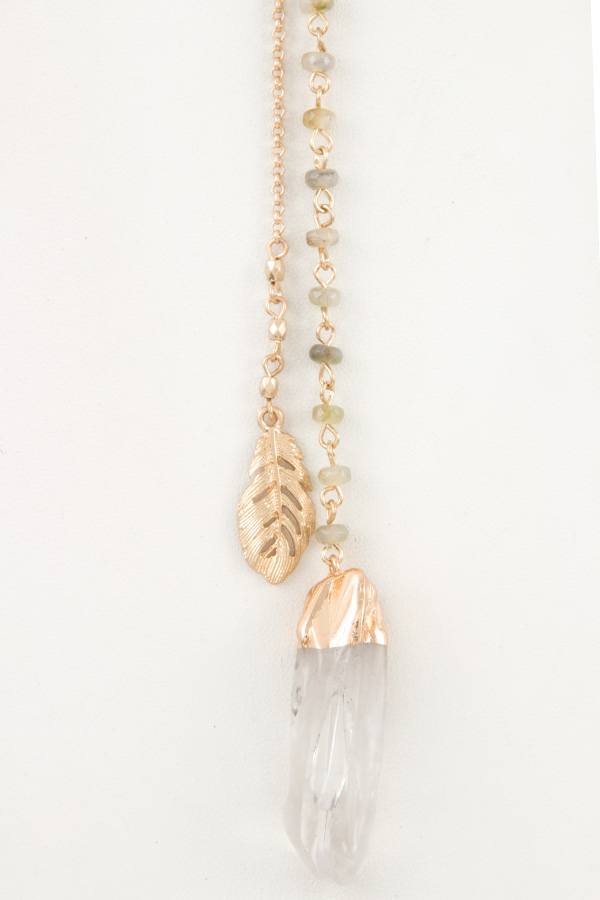 Double chain bead faux gem pendant necklace