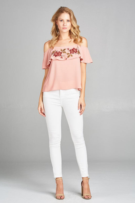 Ladies fashion plus size open shoulder flounce w/embo crepe woven top