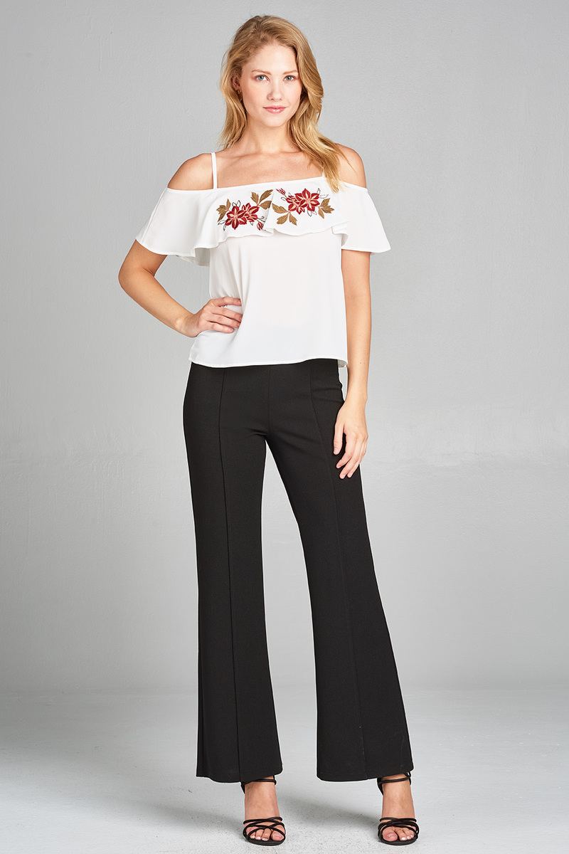 Ladies fashion plus size open shoulder flounce w/embo crepe woven top