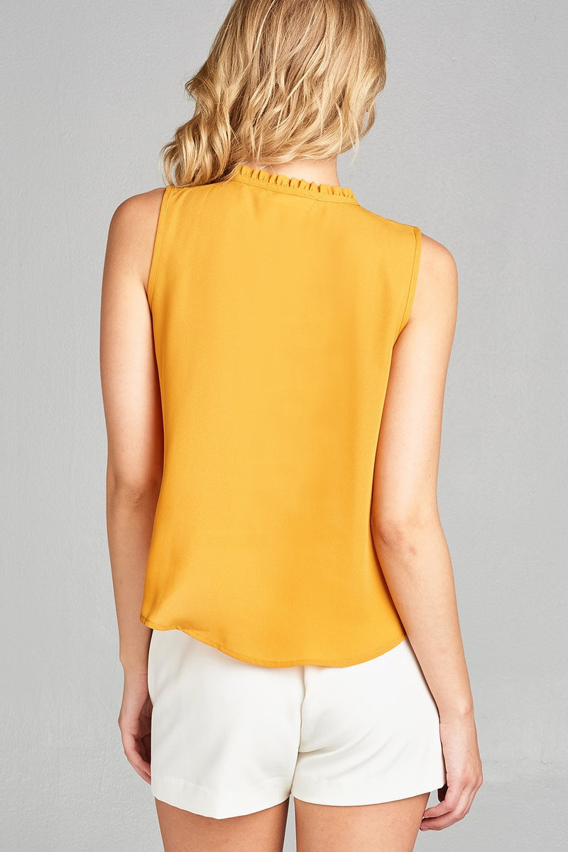 Ladies fashion plus size sleeveless ruffle neck w/self tie smocked yoke detail front button woven top