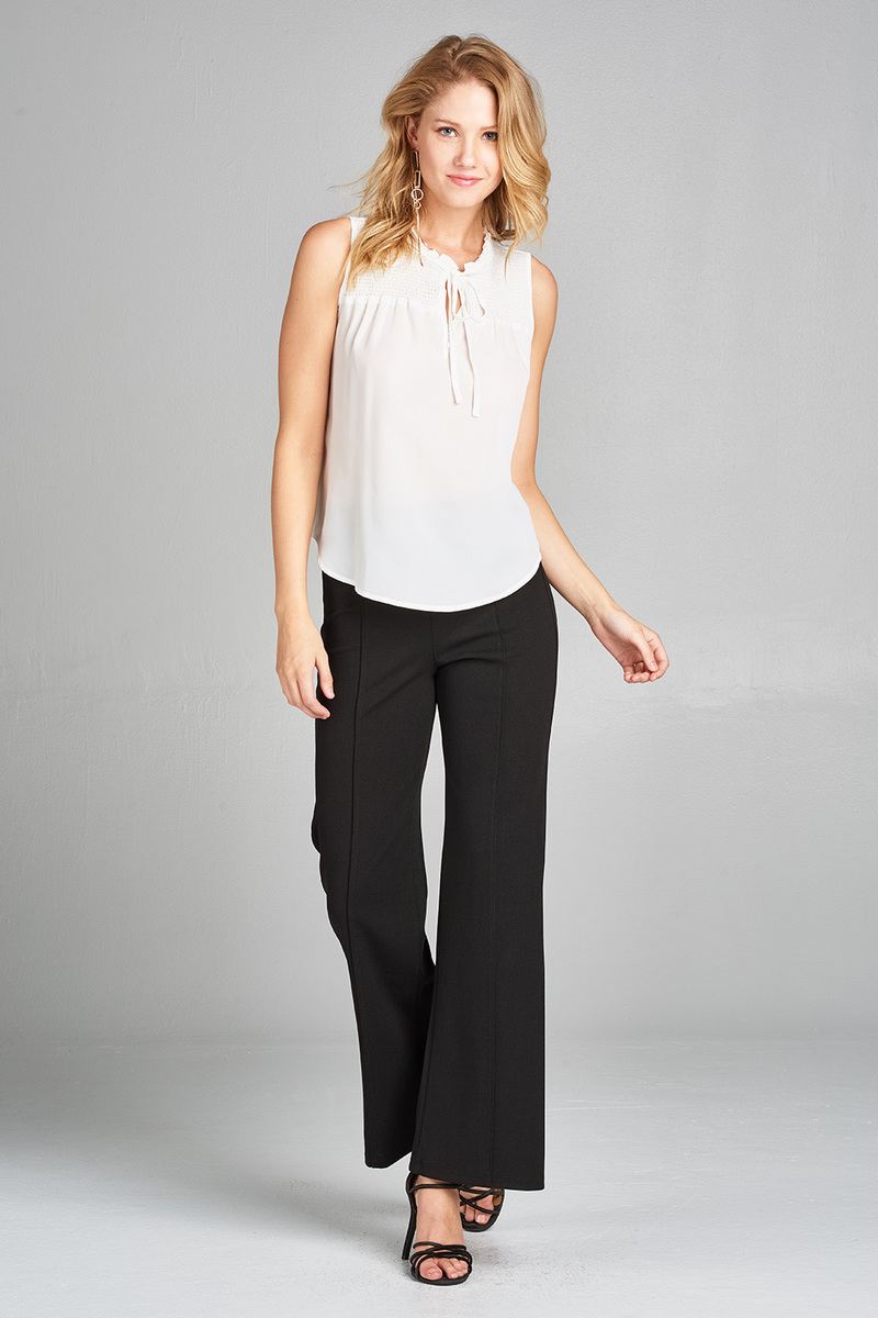 Ladies fashion plus size sleeveless ruffle neck w/self tie smocked yoke detail front button woven top