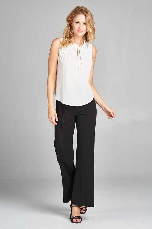 Ladies fashion plus size sleeveless ruffle neck w/self tie smocked yoke detail front button woven top