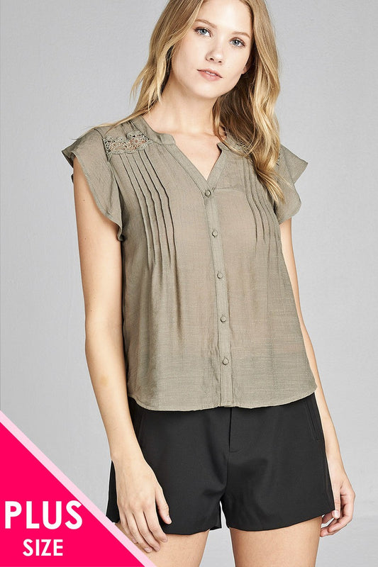 Ladies fashion plus size ruffle sleeve w/shoulder lace front button detail woven top