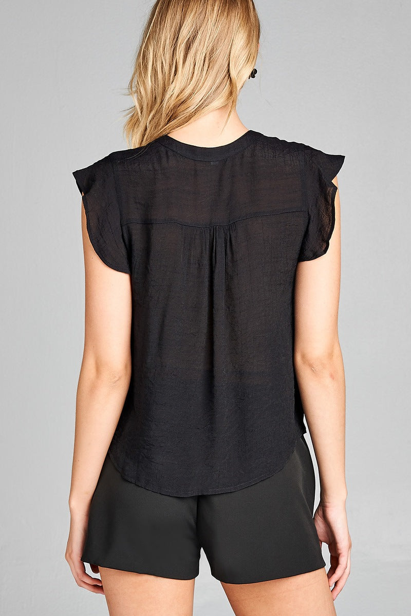 Ladies fashion plus size ruffle sleeve w/shoulder lace front button detail woven top