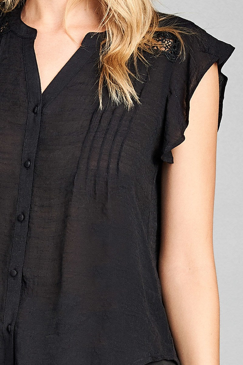 Ladies fashion plus size ruffle sleeve w/shoulder lace front button detail woven top