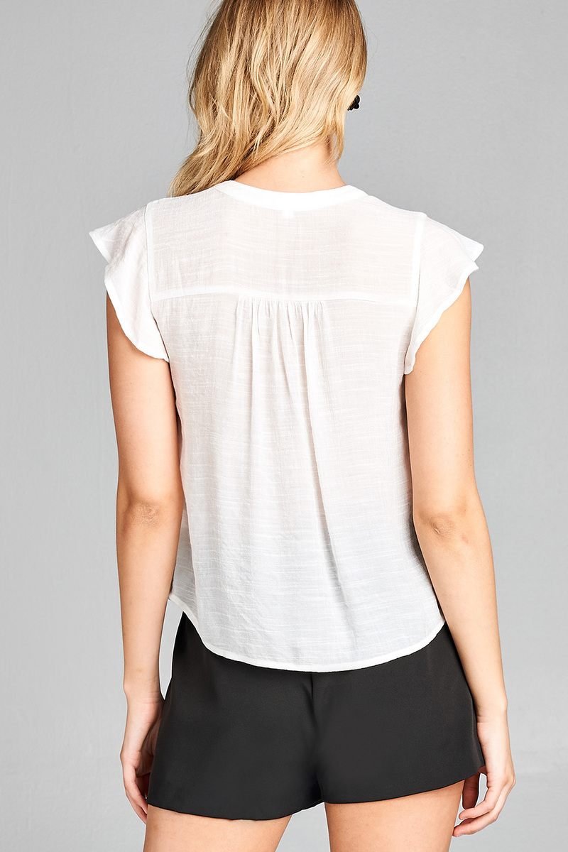 Ladies fashion plus size ruffle sleeve w/shoulder lace front button detail woven top