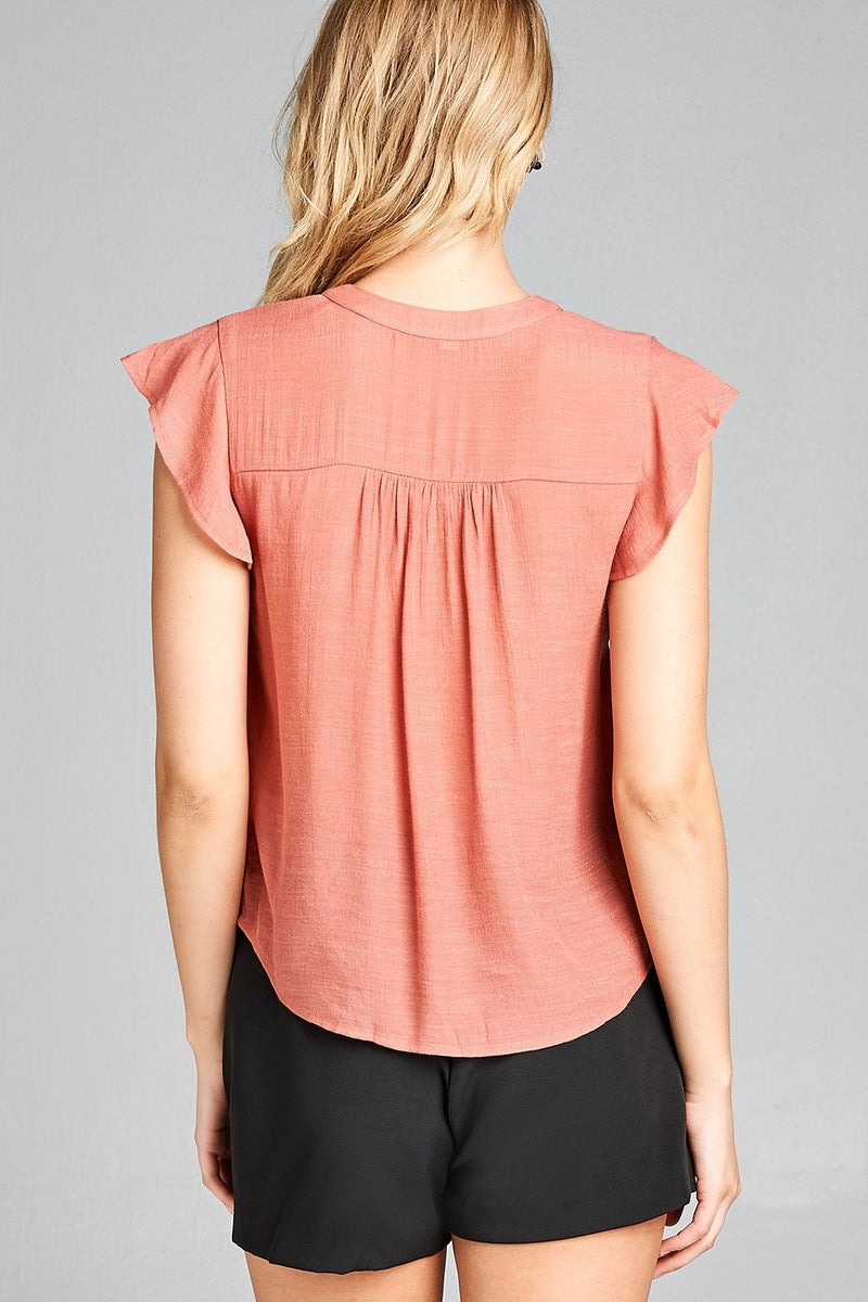 Ladies fashion plus size ruffle sleeve w/shoulder lace front button detail woven top
