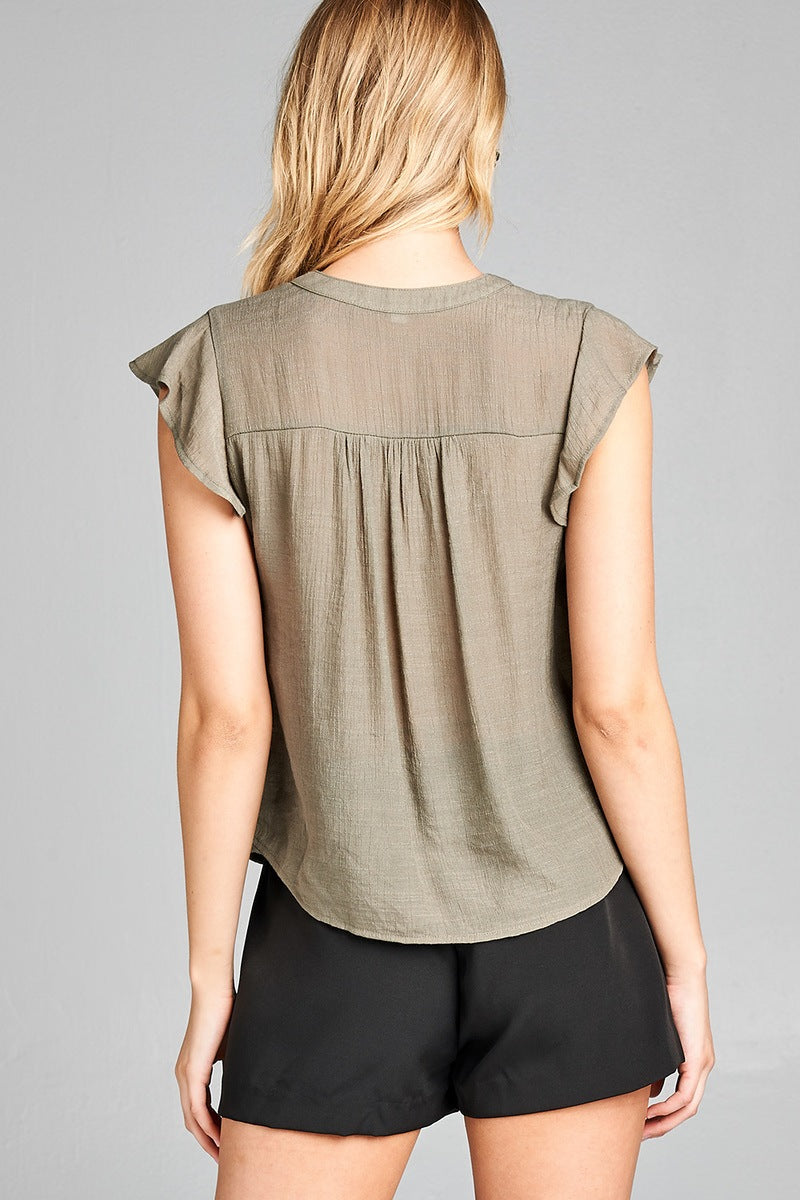 Ladies fashion plus size ruffle sleeve w/shoulder lace front button detail woven top