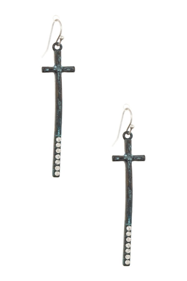 Gem pave oblong cross dangle earring