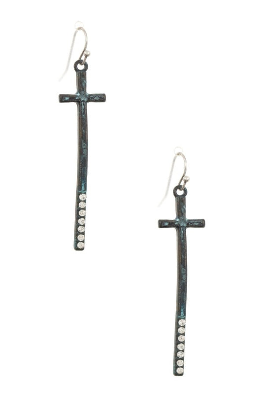 Gem pave oblong cross dangle earring