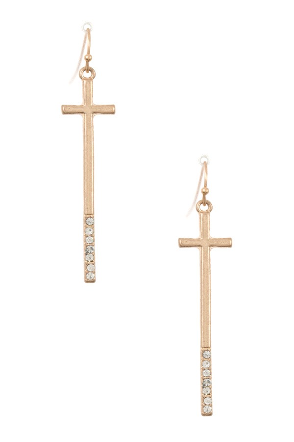 Gem pave oblong cross dangle earring
