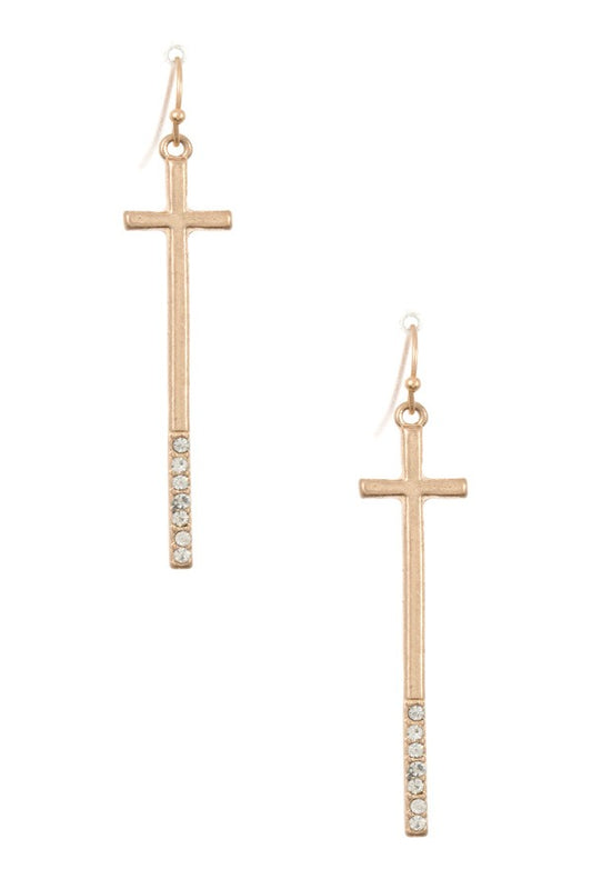 Gem pave oblong cross dangle earring