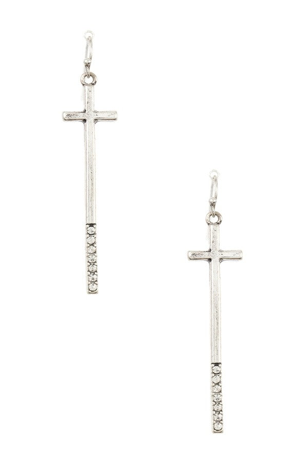 Gem pave oblong cross dangle earring
