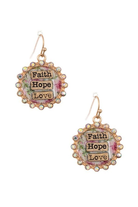Faith hop love rhinestone framed dangle earring