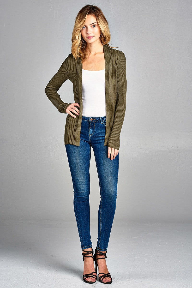 Ladies fashion long sleeve open front ribbed knit cardigan