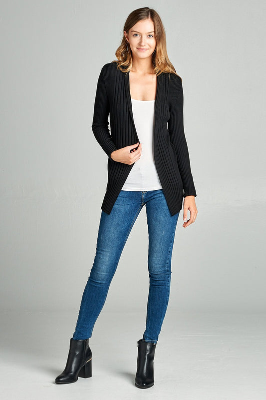 Ladies fashion long sleeve open front ribbed knit cardigan
