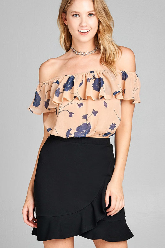 Ladies fashion off the shoulder w/ruffle elastic hem floral print crop woven top
