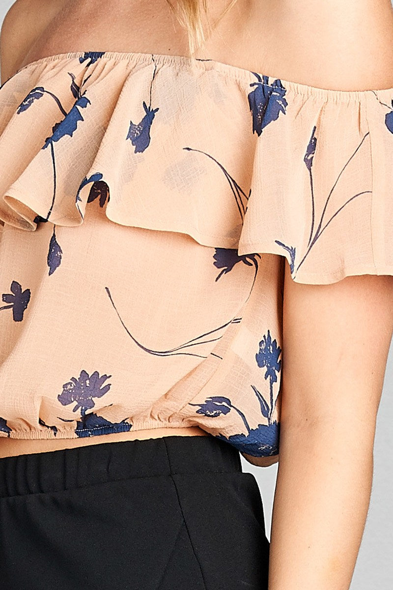 Ladies fashion off the shoulder w/ruffle elastic hem floral print crop woven top