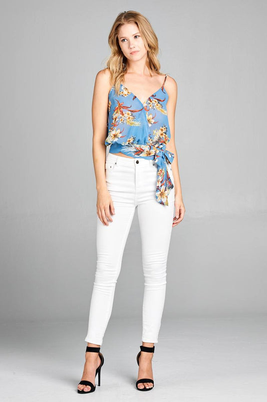 Ladies fashion v-neck wrap waist self tie floral print woven cami top