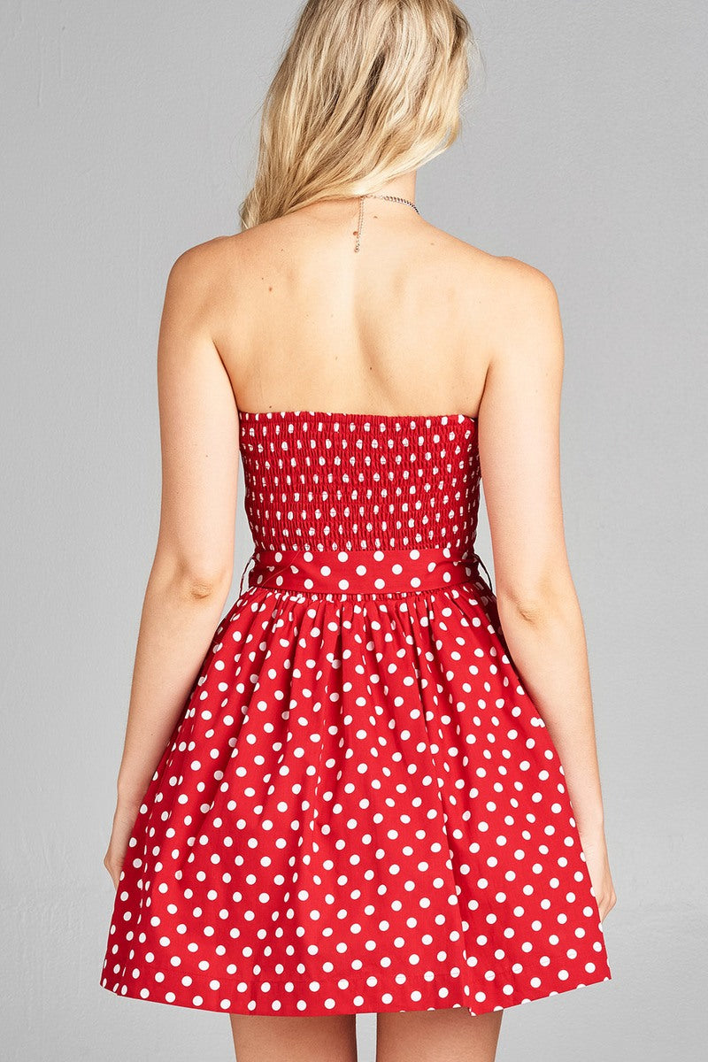 Ladies fashion strapless fit body smocked back w/belt detail inside tulle flare dot print tube dress